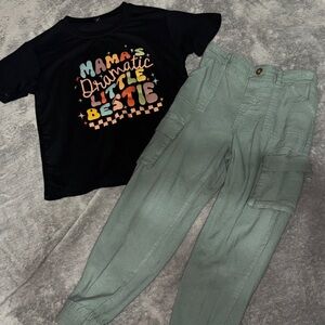 Black Graphic Tee and Green Cargo Pants Set